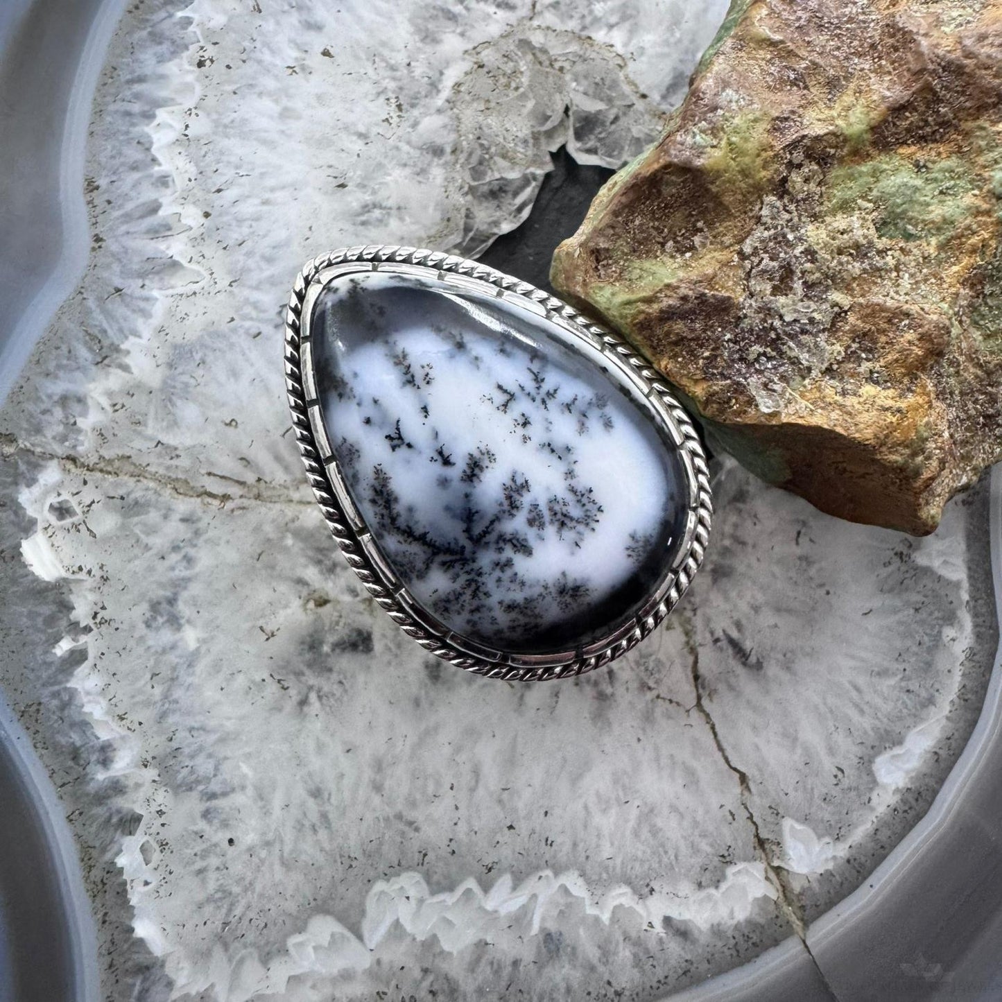 Sterling Silver Southwestern Style Large Teardrop Dendrite Agate Ring Size 10 For Women