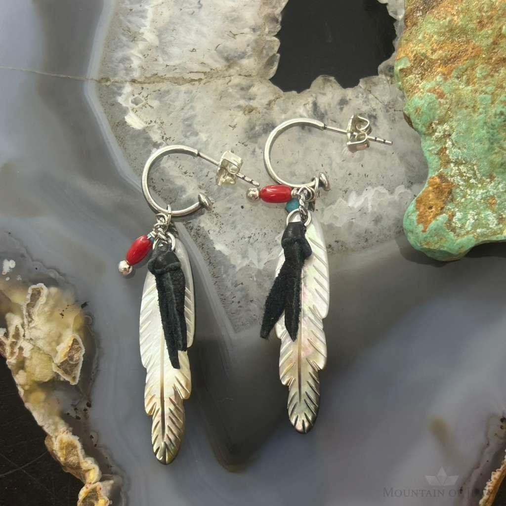 Carolyn Pollack Southwestern Style Sterling Silver MOP Etched Feather Dangle Earrings