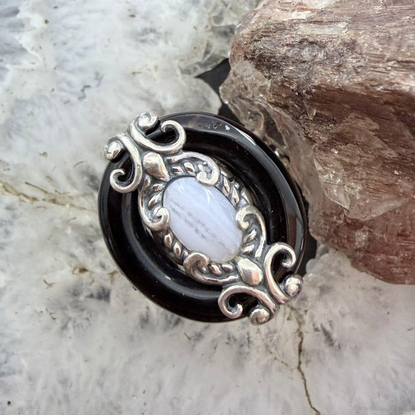 Carolyn Pollack Sterling Silver Black Agate & Blue Lace Agate Ring Size 8.25 For Women