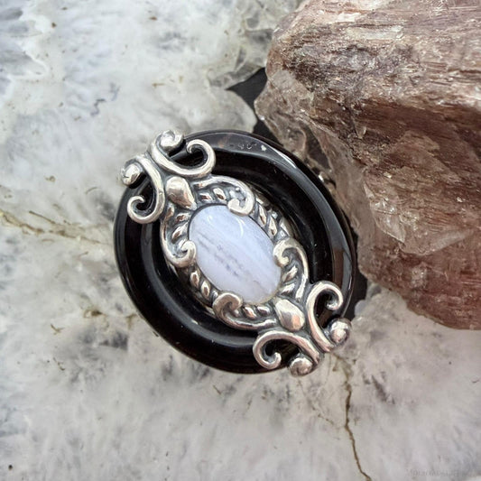 Carolyn Pollack Sterling Silver Black Agate & Blue Lace Agate Ring Size 8.25 For Women