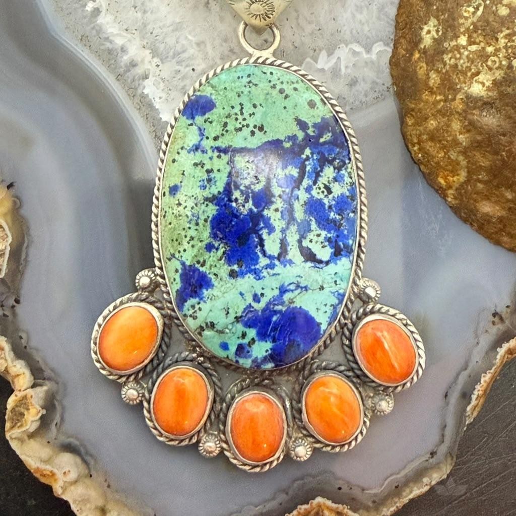 Sterling Silver Southwestern Style Azurite Chrysocolla & Spiny Oyster Decorated Pendant