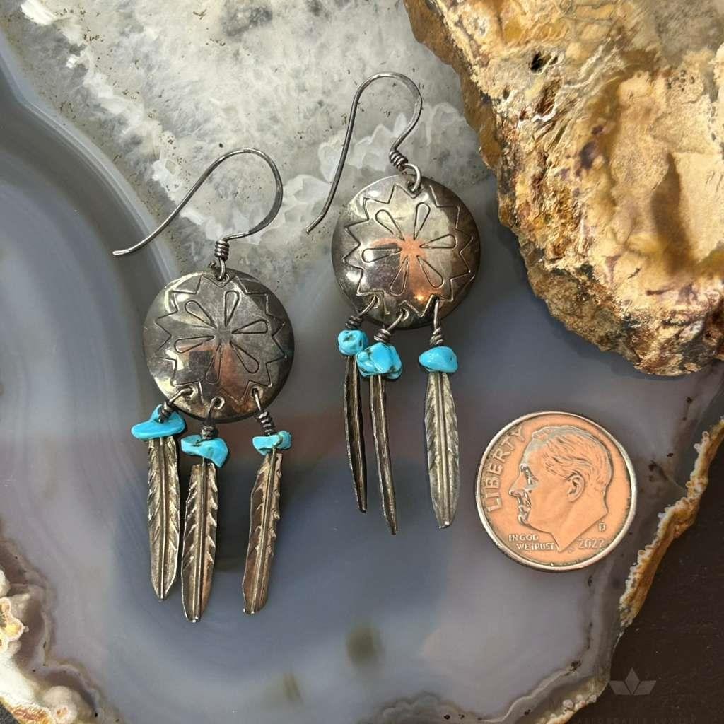 Vintage Native American Silver Turquoise w/Feather Dangle Earrings For Women