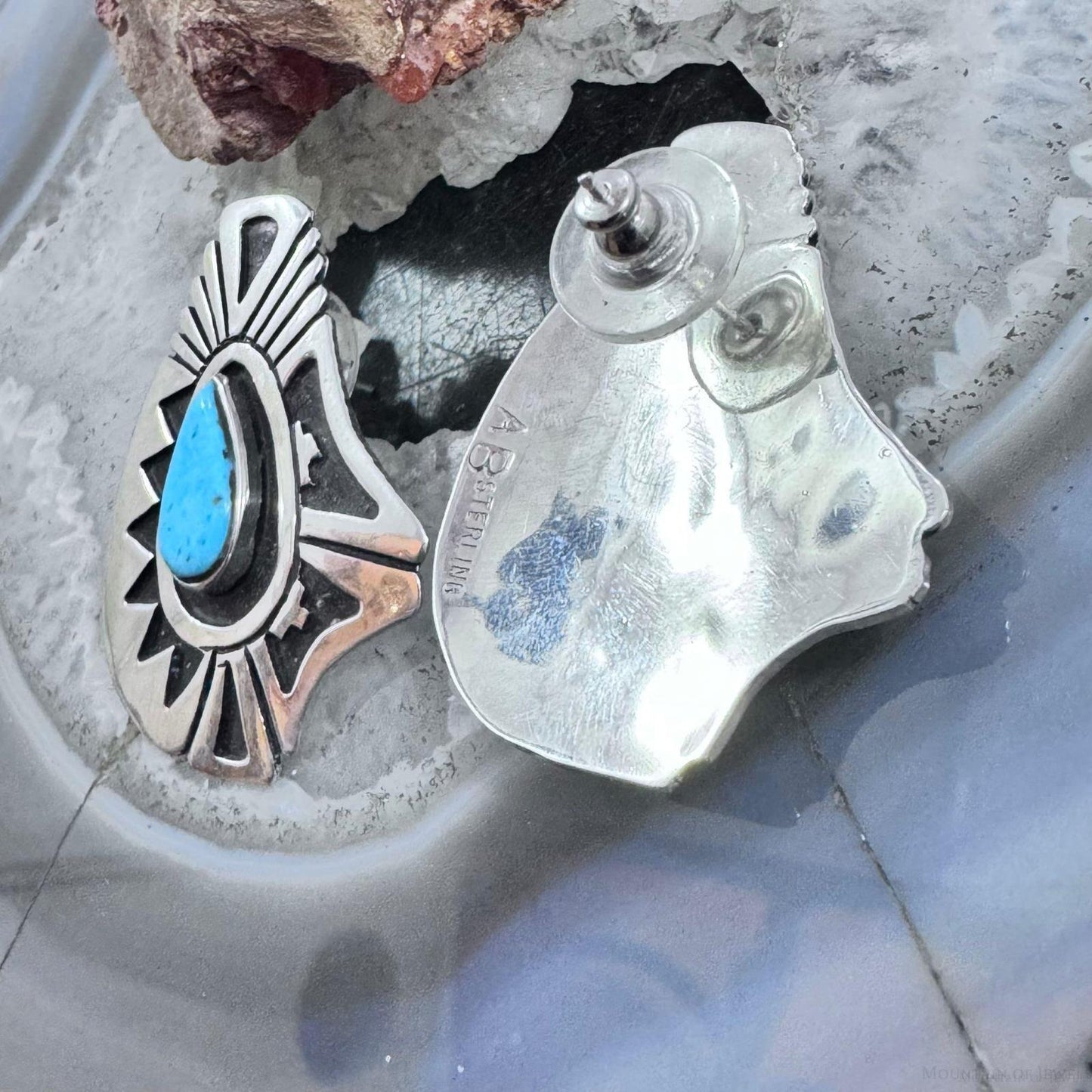 Abraham Begay Native American Sterling Silver Teardrop Turquoise Overlay Post Earrings For Women