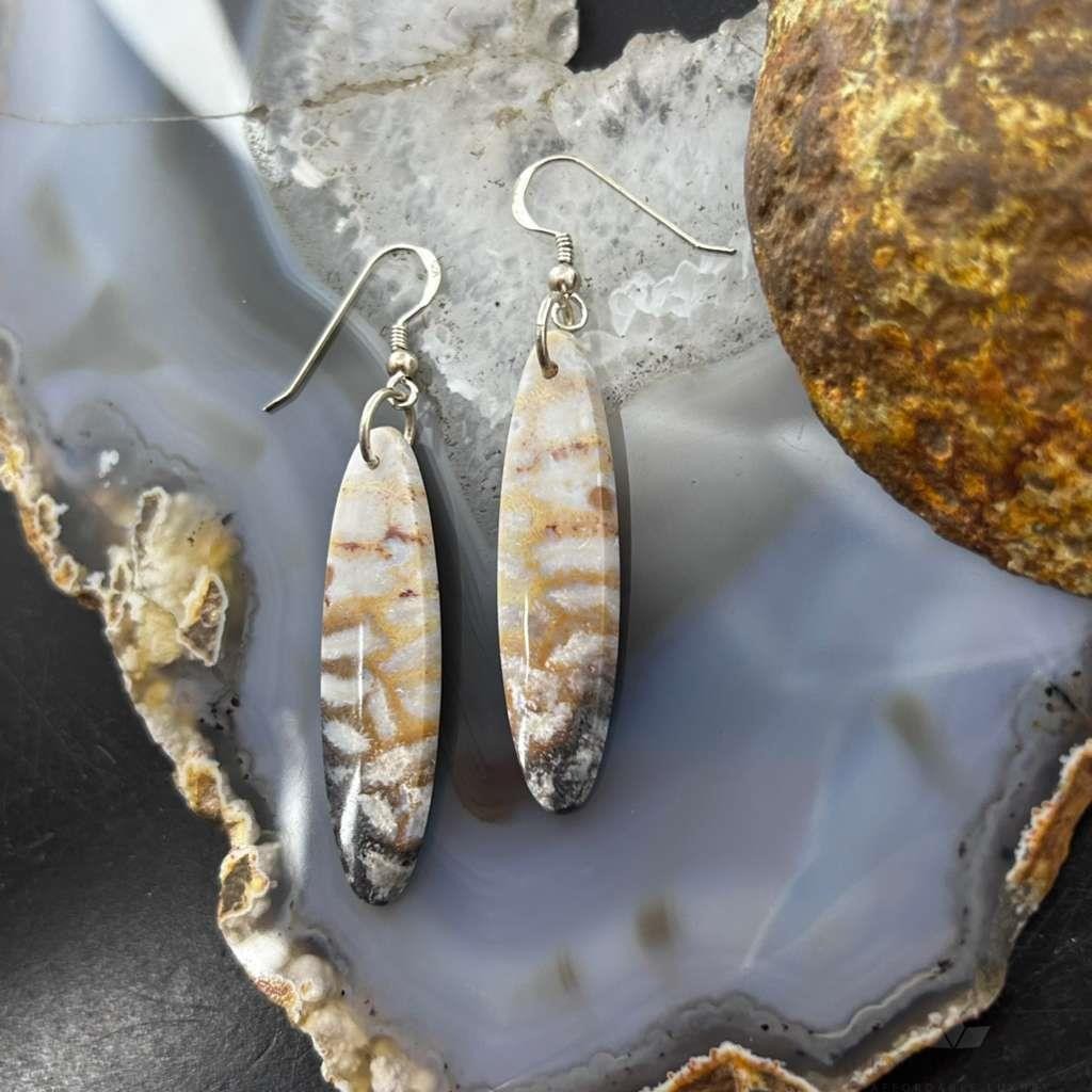 Sterling Silver Marquise Ocean Jasper Slab Dangle Earrings For Women #144