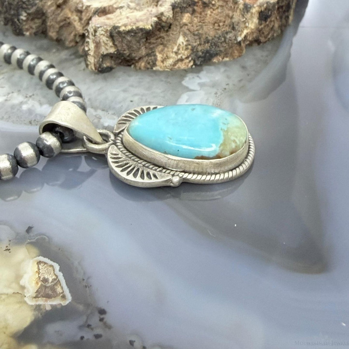 Sterling Silver Southwestern Style Wide Teardrop Kingman Turquoise Decorated Pendant