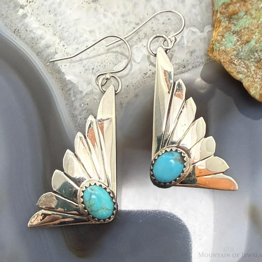 Michael Nez Navajo Sterling Silver Oval Turquoise Cloud Dangle Earrings For Women