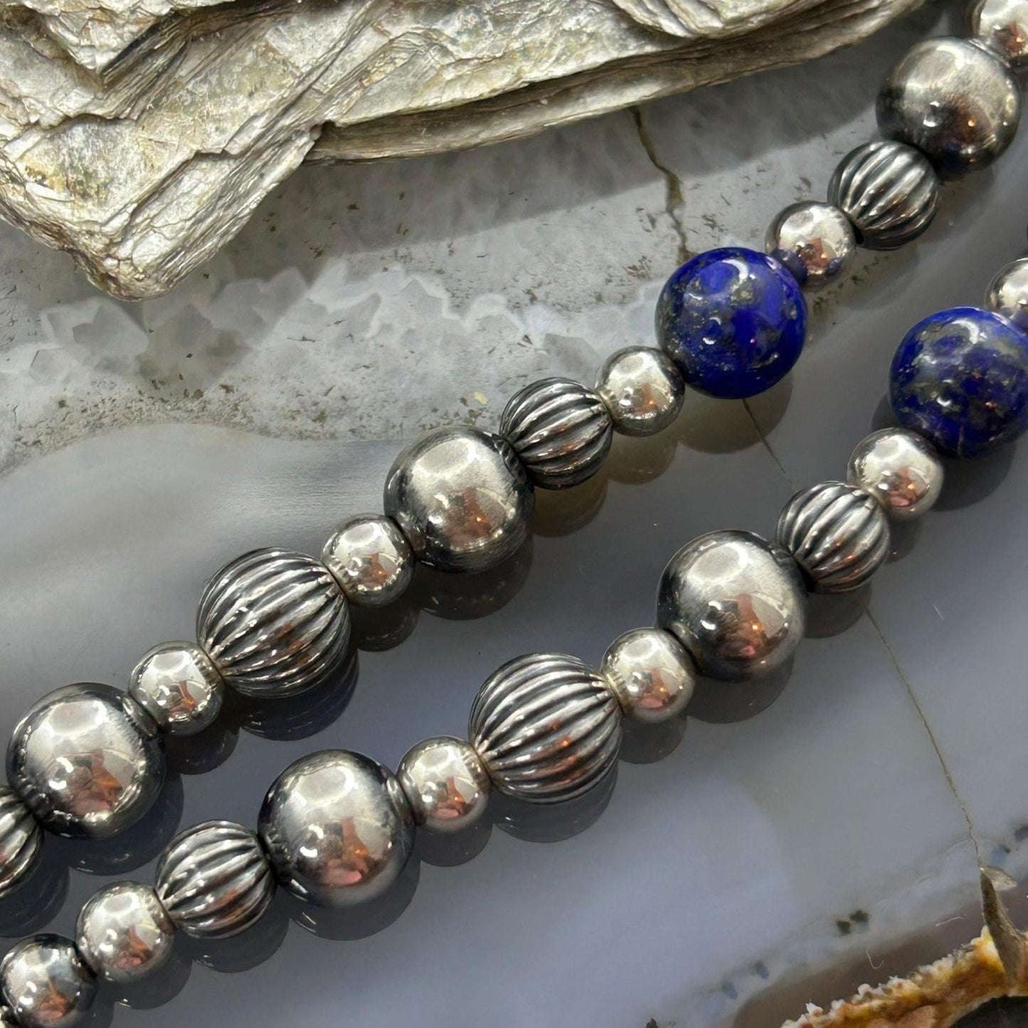 Carolyn Pollack Sterling Silver Decorated 4mm-8mm with Lapis Beads Necklace For Women