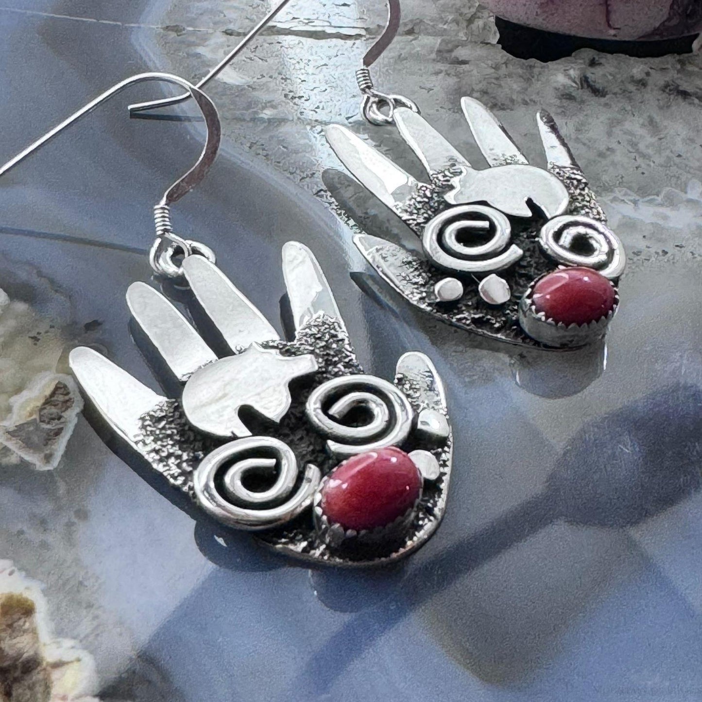 Alex Sanchez Sterling Silver Ancestors Hand Petroglyph w/Coral Dangle Earrings For Women #1