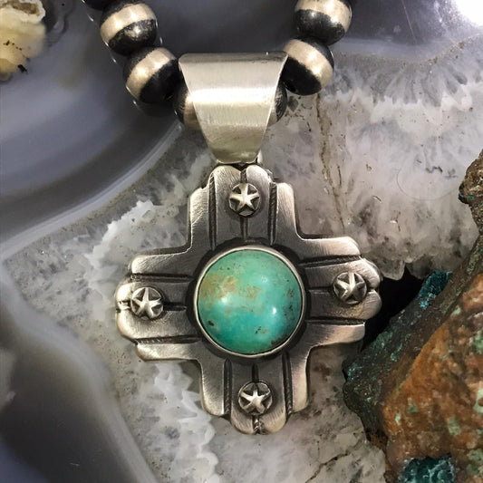 Chimney Butte Native American Sterling Silver Round Turquoise Zia Symbol Pendant