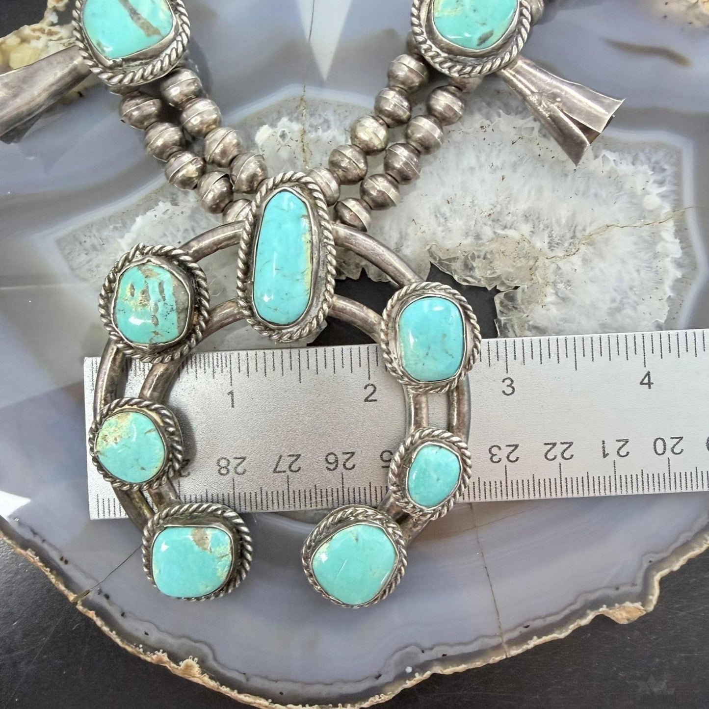 Vintage Native American Sterling Silver Kingman Turquoise Squash Blossom For Women
