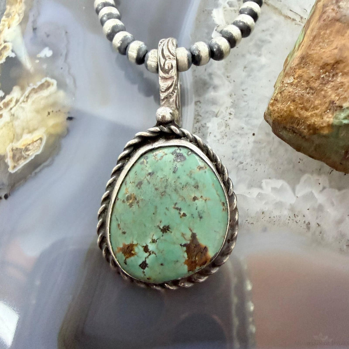 Vintage Sterling Silver Native American Green Turquoise Shepherd Hook Pendant