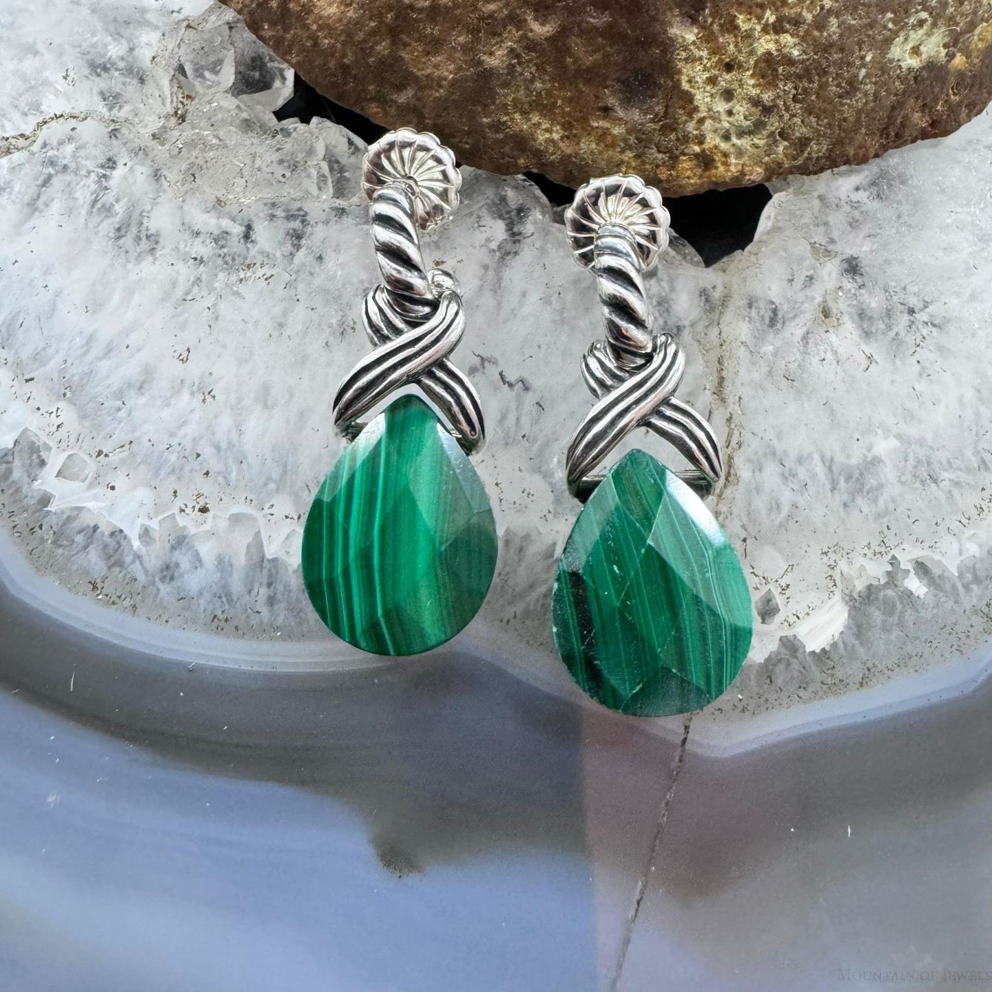 Carolyn Pollack Sterling Silver Faceted Pear Malachite Dangle Earrings For Women