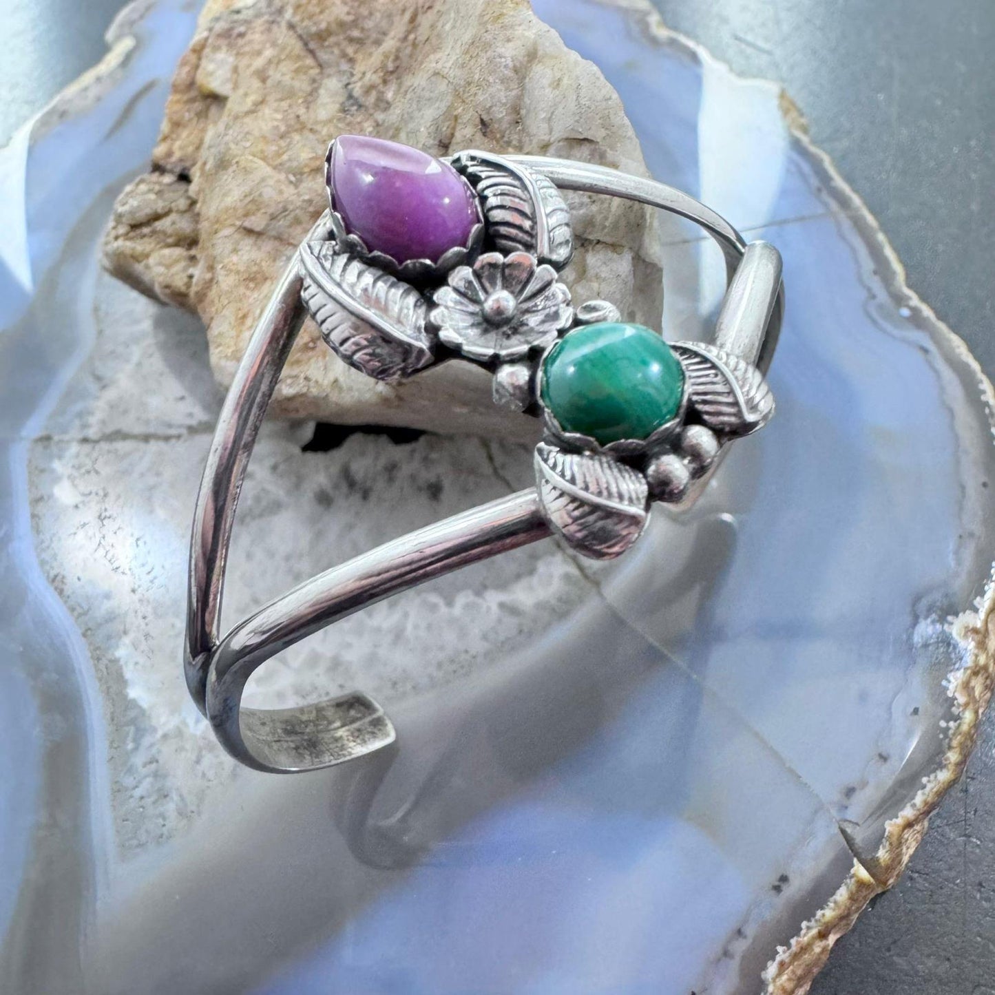 Vintage K. Martinez Native American Sterling Silver  Malachite & Sugilite Cuff For Women