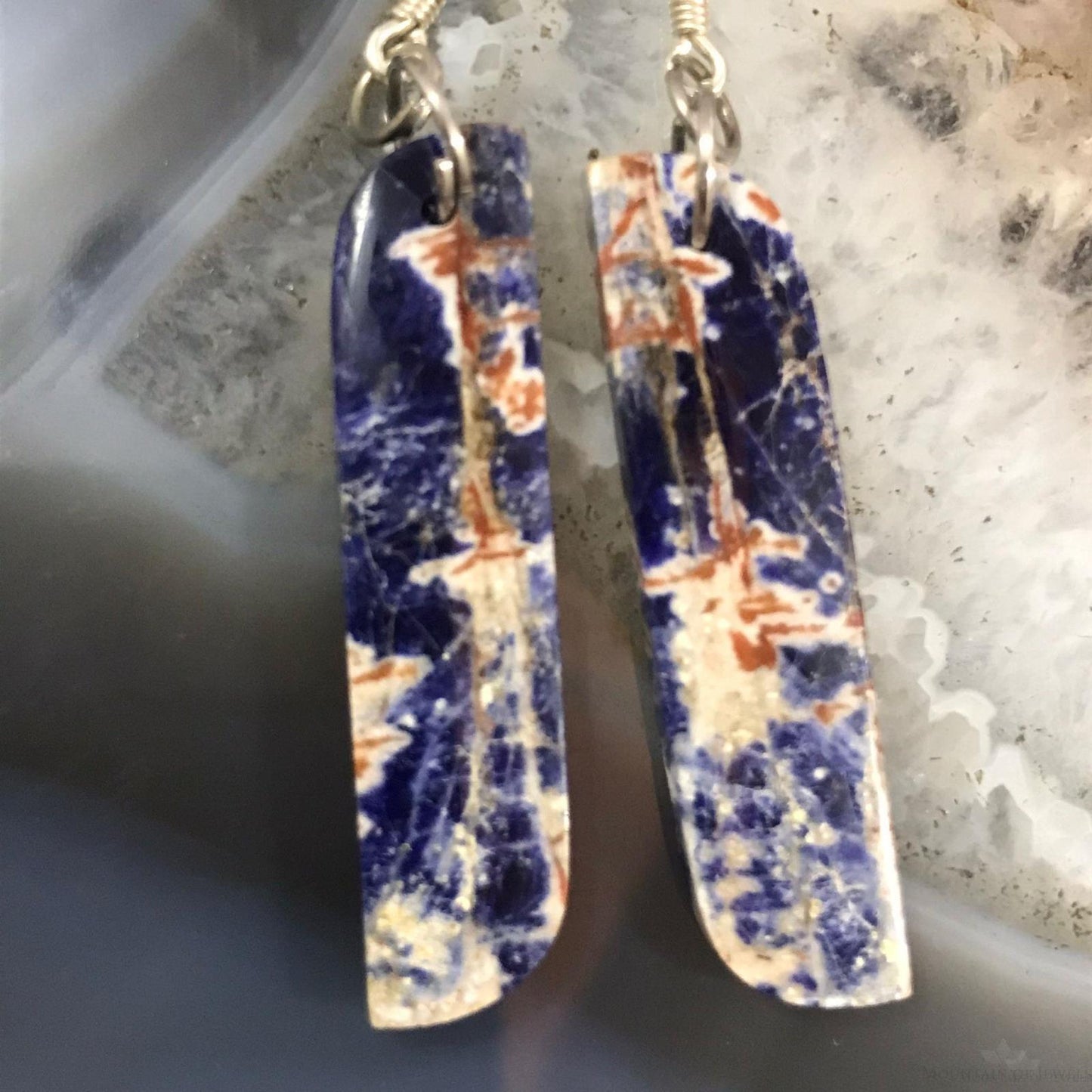 Sterling Silver Elongated Tilde Shape Blue Sodalite Slab Dangle Earrings For Women  #216