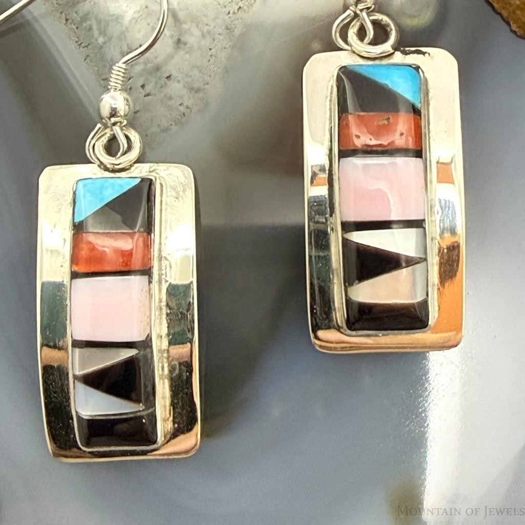 Sheryl Edaakie Zuni Sterling Silver Multistone Inlay Rectangle Dangle Earrings For Women #1