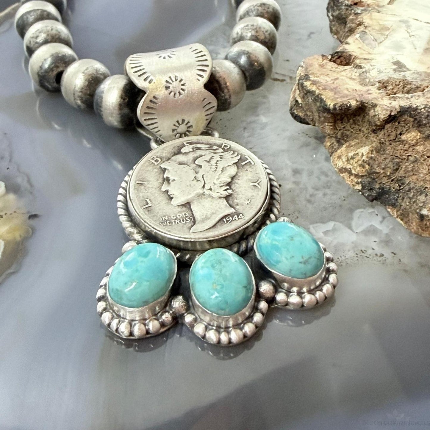 Genuine 1944 90% Silver Mercury Dime Coin w/Oval Turquoise Decorated Unisex Pendant