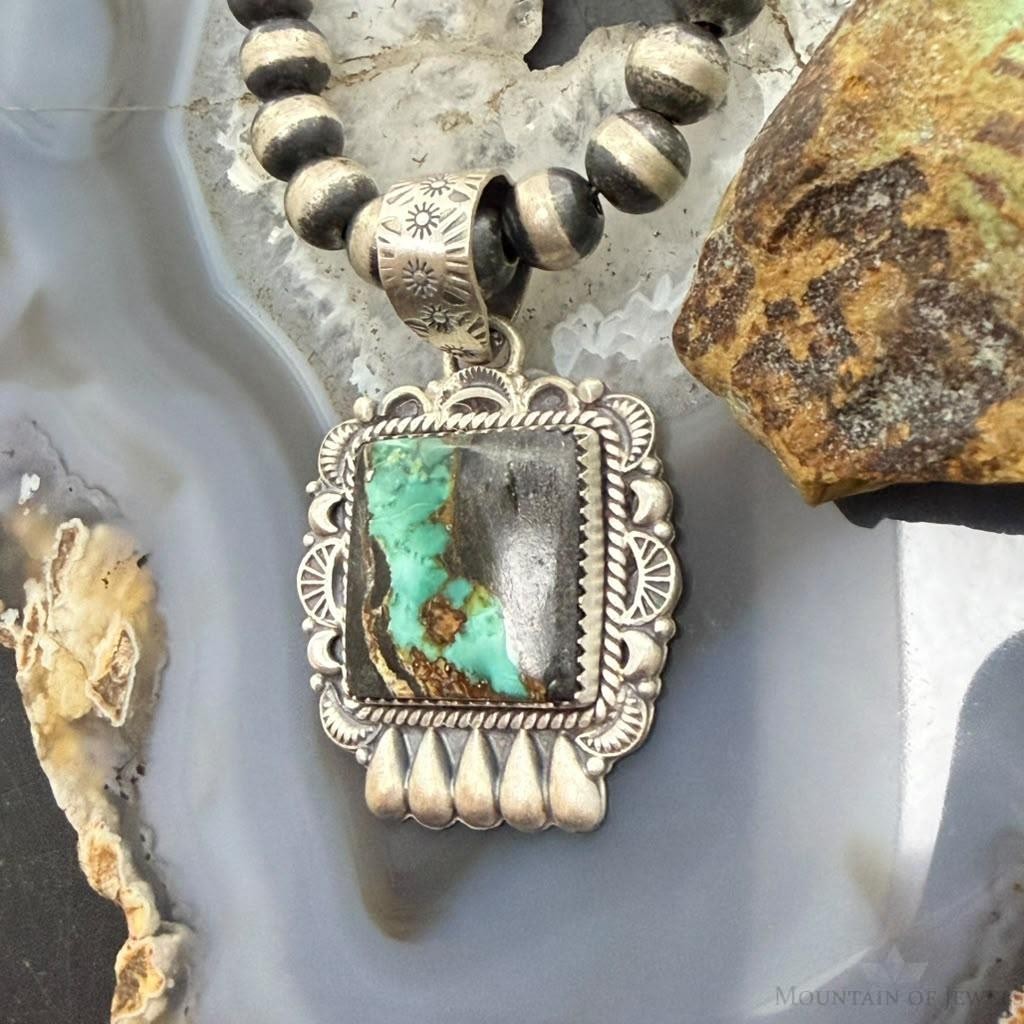 Sterling Silver Southwestern Style Square Blackjack Turquoise Decorated Pendant
