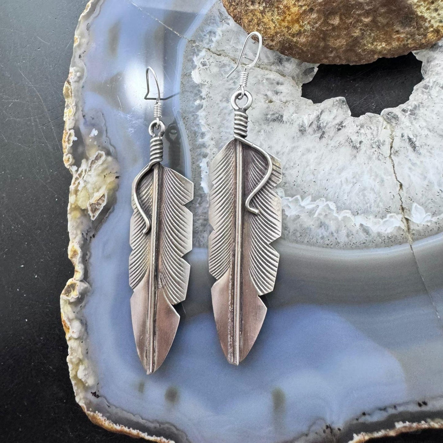 Chris Charley Native American Sterling Silver Large Feather Dangle Earrings For Women