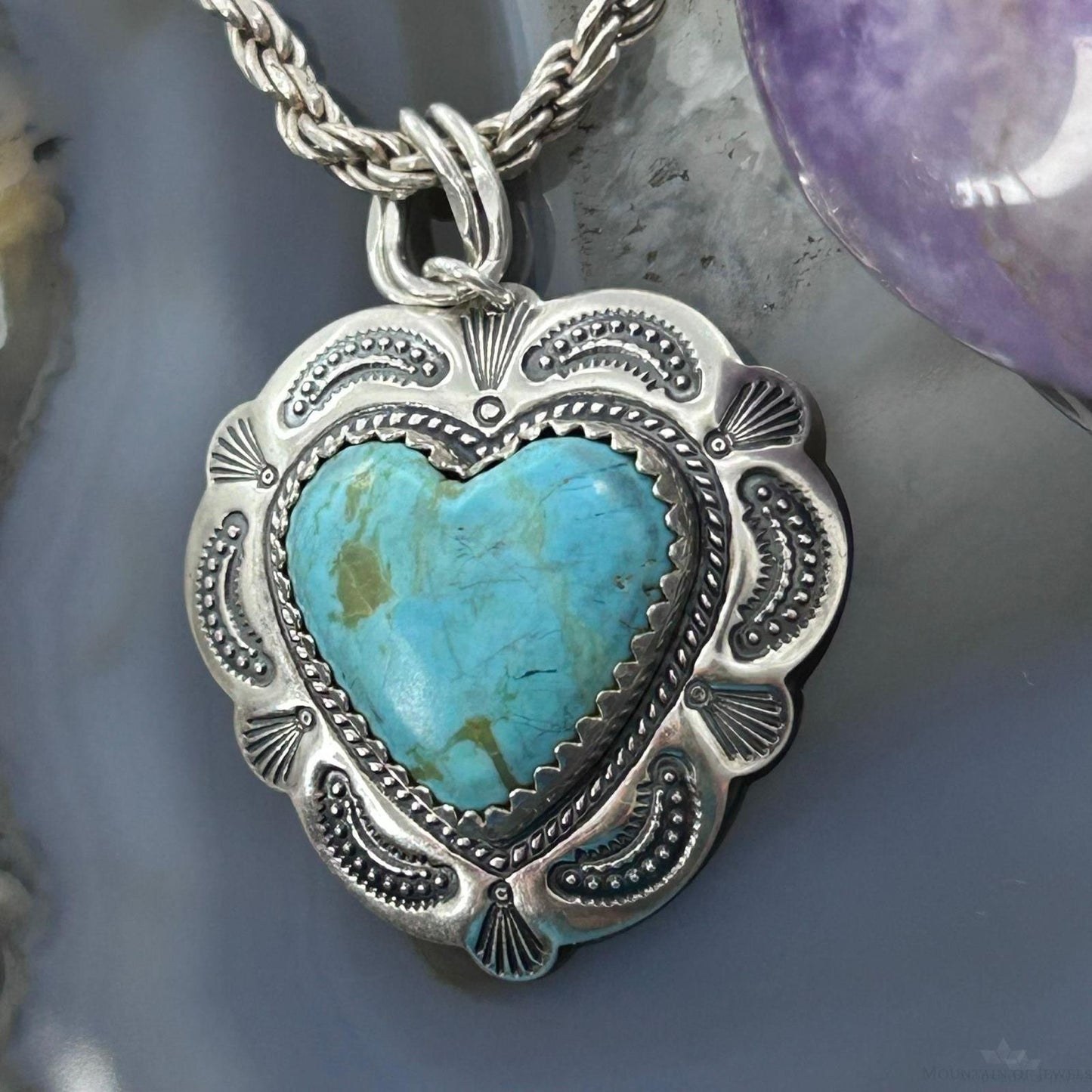 QT Quoc Sterling Silver Southwestern Style Turquoise Heart Pendant For Women