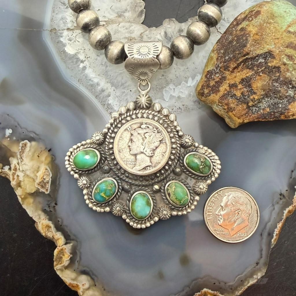 Sterling Silver Southwestern Style 1941 Mercury Dime & Sonora Gold Turquoise Pendant