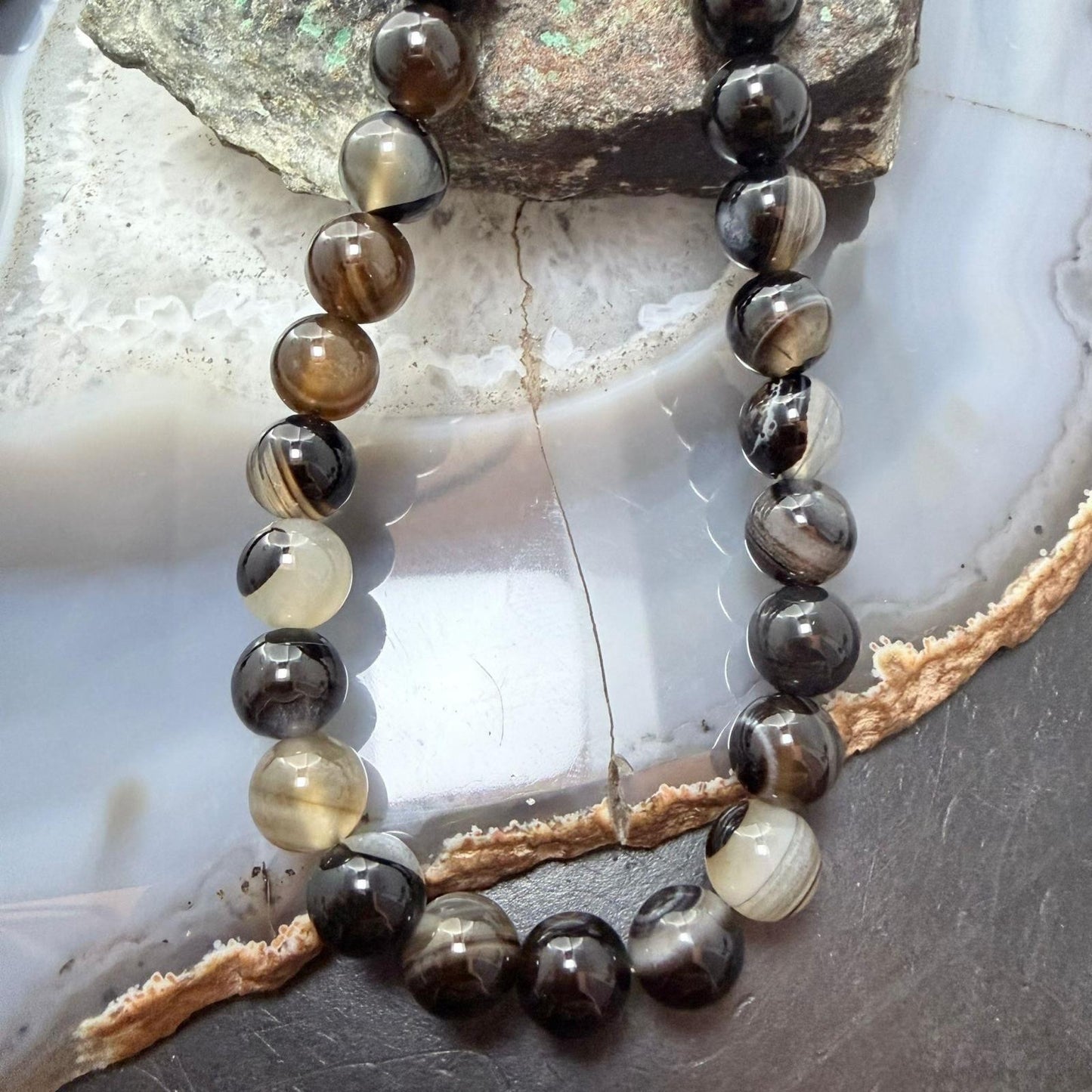 Sterling Silver Southwestern Style Smoky Onyx 8mm Beads 22" Necklace For Women