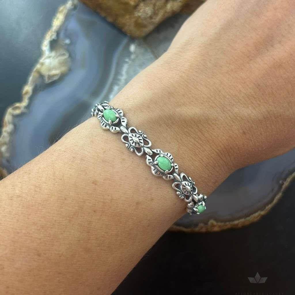 Carolyn Pollack Sterling Silver 7 Oval Variscite Decorated Link Bracelet For Women