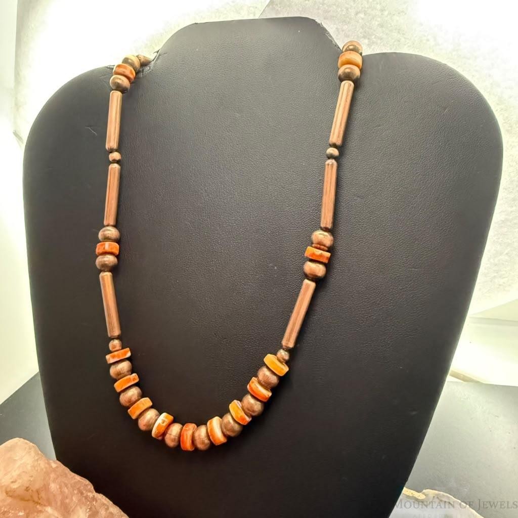 Copper Navajo Pearl Round & 25mm Cylinder w/Spiny Oyster Beads 20" Necklace For Women