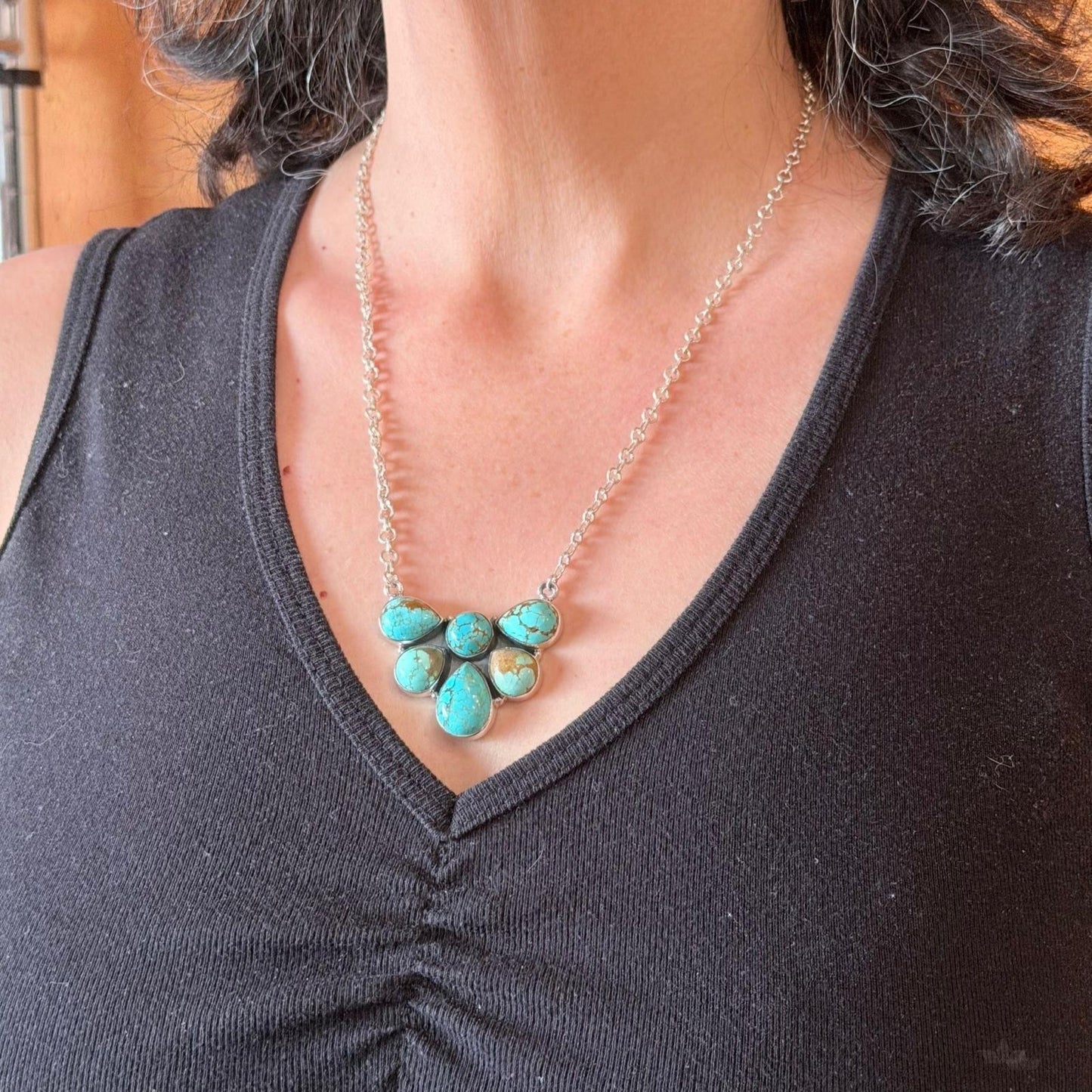 Sterling Silver Southwestern Style Turquoise #8 Cluster 19" Lariat Necklace For Women