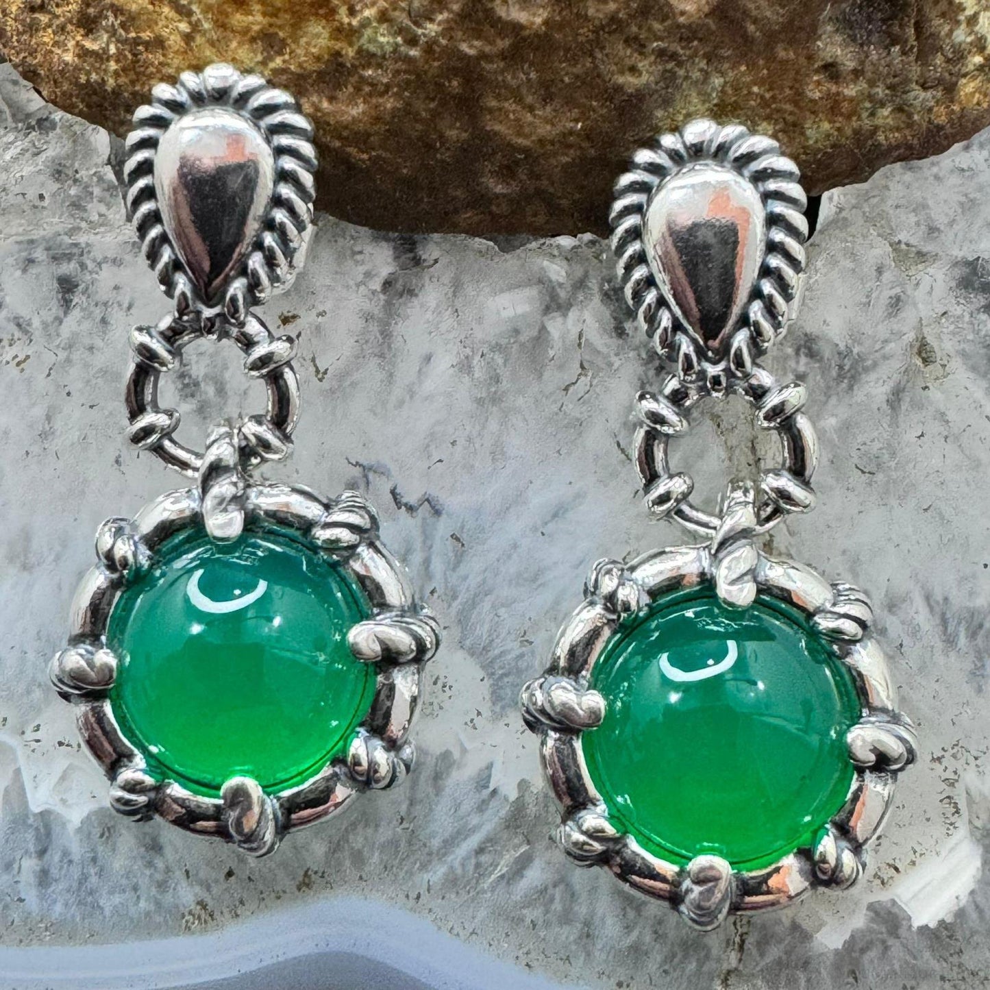 Carolyn Pollack Sterling Silver Round Jade Decorated Dangle Earrings For Women