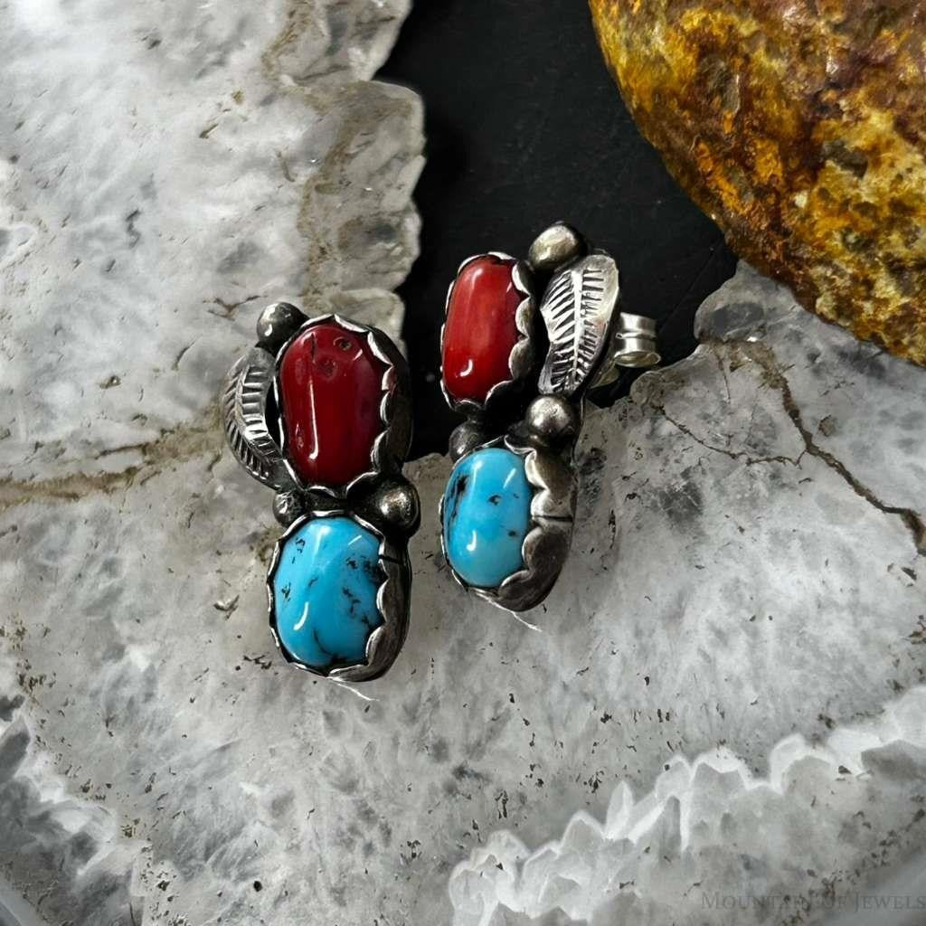 Native American Silver Turquoise & Coral Leaf Decorated Stud Earrings For Women