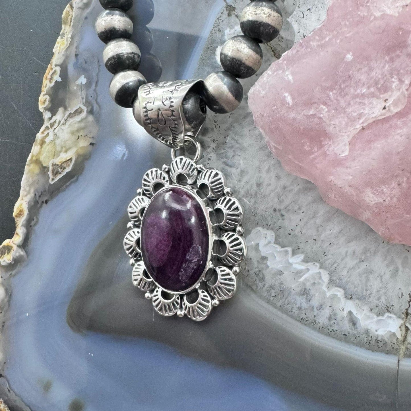 Native American Sterling Silver Oval Purple Spiny Oyster Pendant For Women