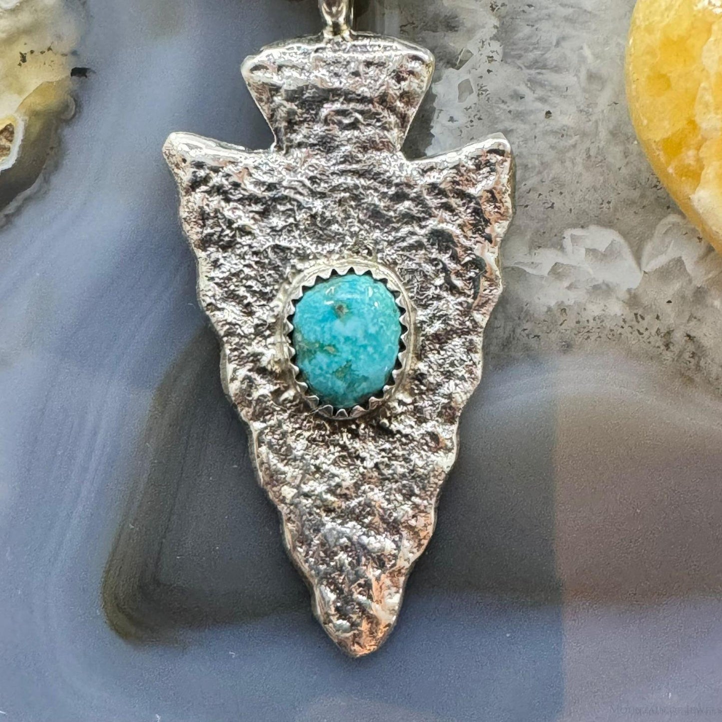 Gary Custer Native American Navajo Sterling Silver Tufa Cast Turquoise Arrowhead Unisex Pendant #4