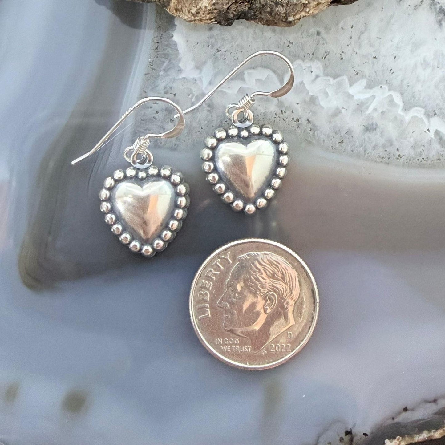 Sterling Silver Southwestern Style Tiny Heart Dangle Earrings For Women