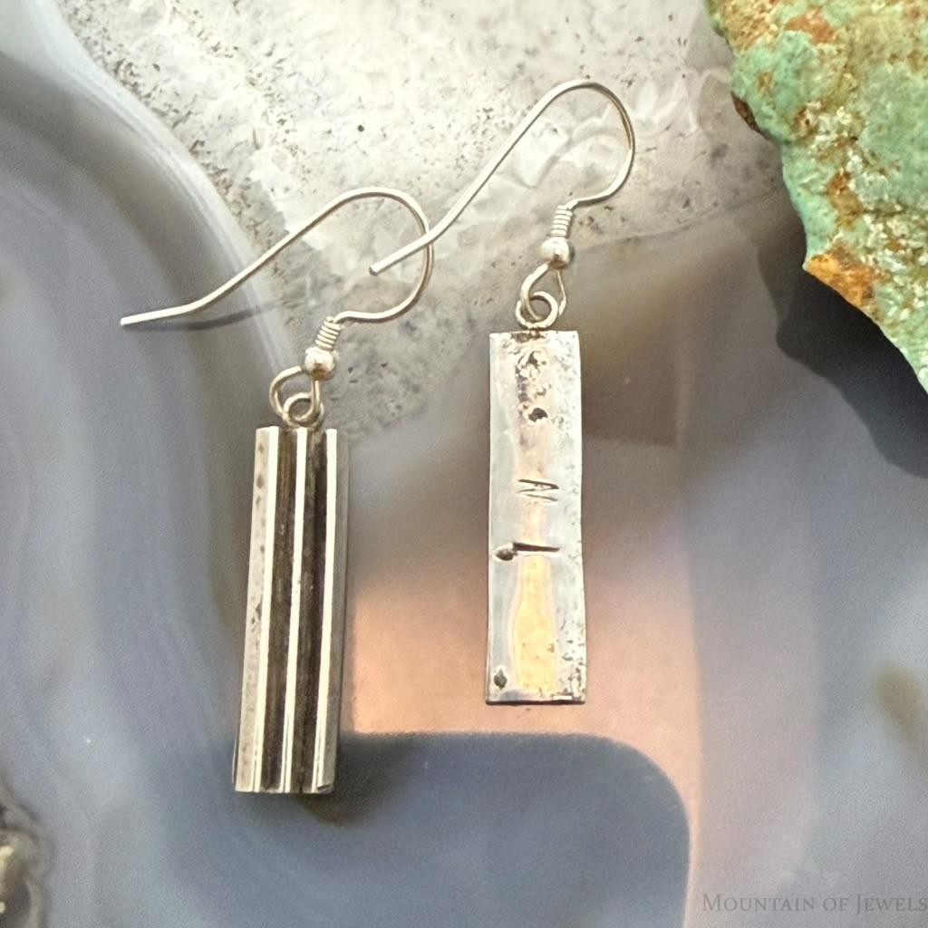 Lyle Wright Taos Pueblo Silver Grooved Rectangle Dangle Earrings For Women