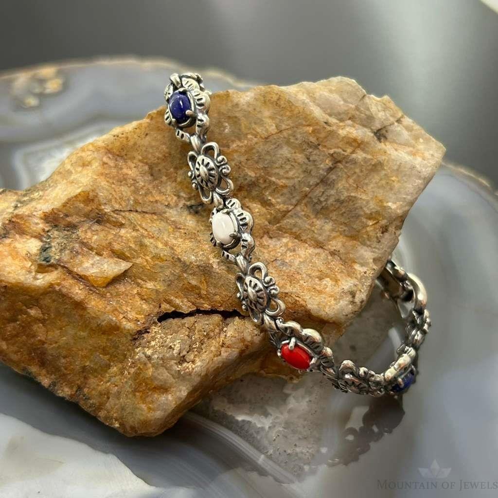 Carolyn Pollack Sterling Oval Lapis, Coral, White Jasper Link Bracelet For Women