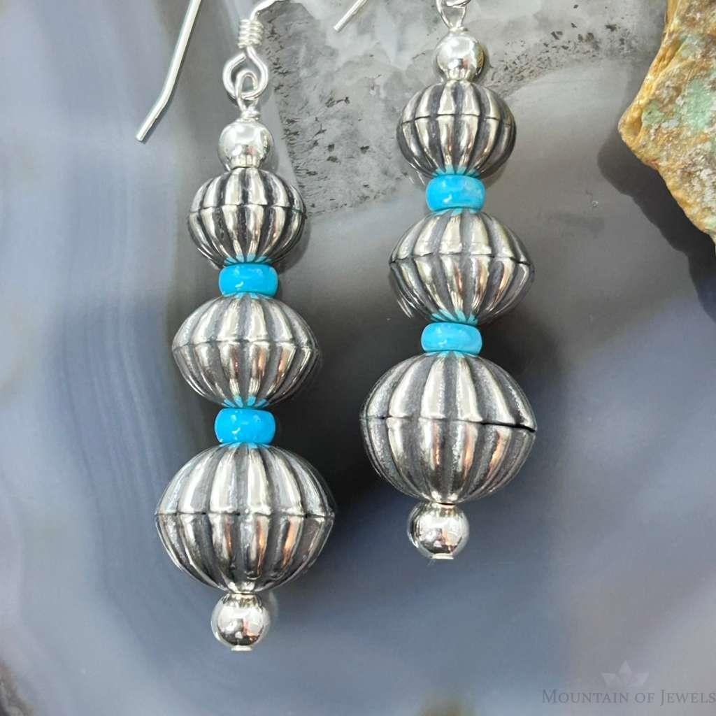 Native American Sterling Silver Grooved Saucer Pearl Beads w/Turquoise Dangle Earringsn For Women