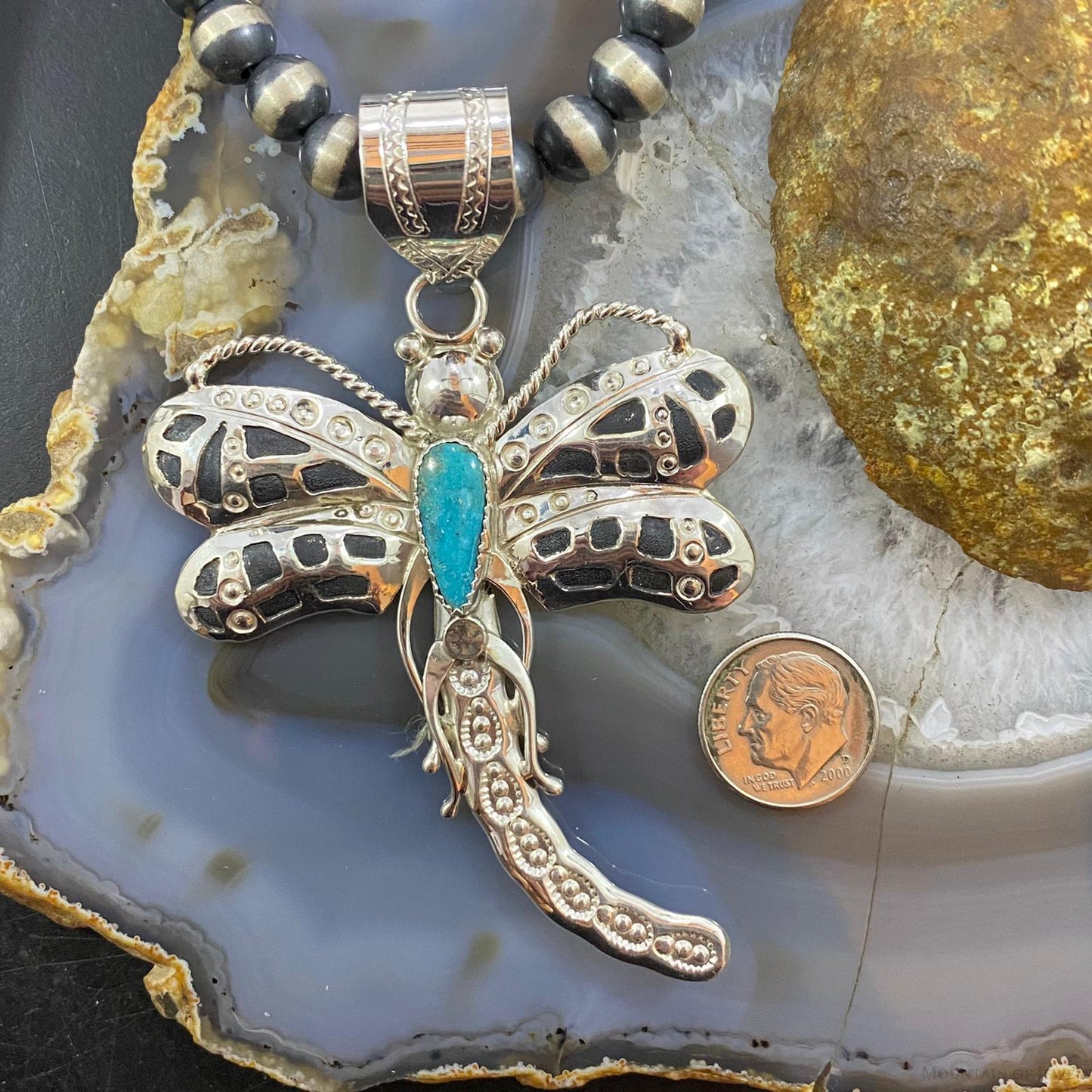 Alonzo Mariano Sterling Kingman Turquoise Dragonfly Decorated Pendant For Women