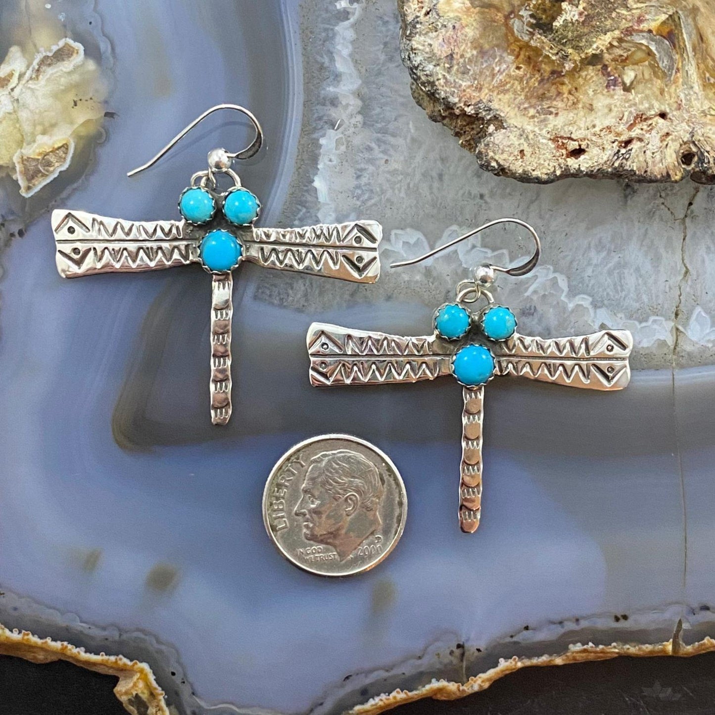 Brad Panteah Sterling Dragonfly w/3 Sleeping Beauty Turquoise Dangle Earrings For Women