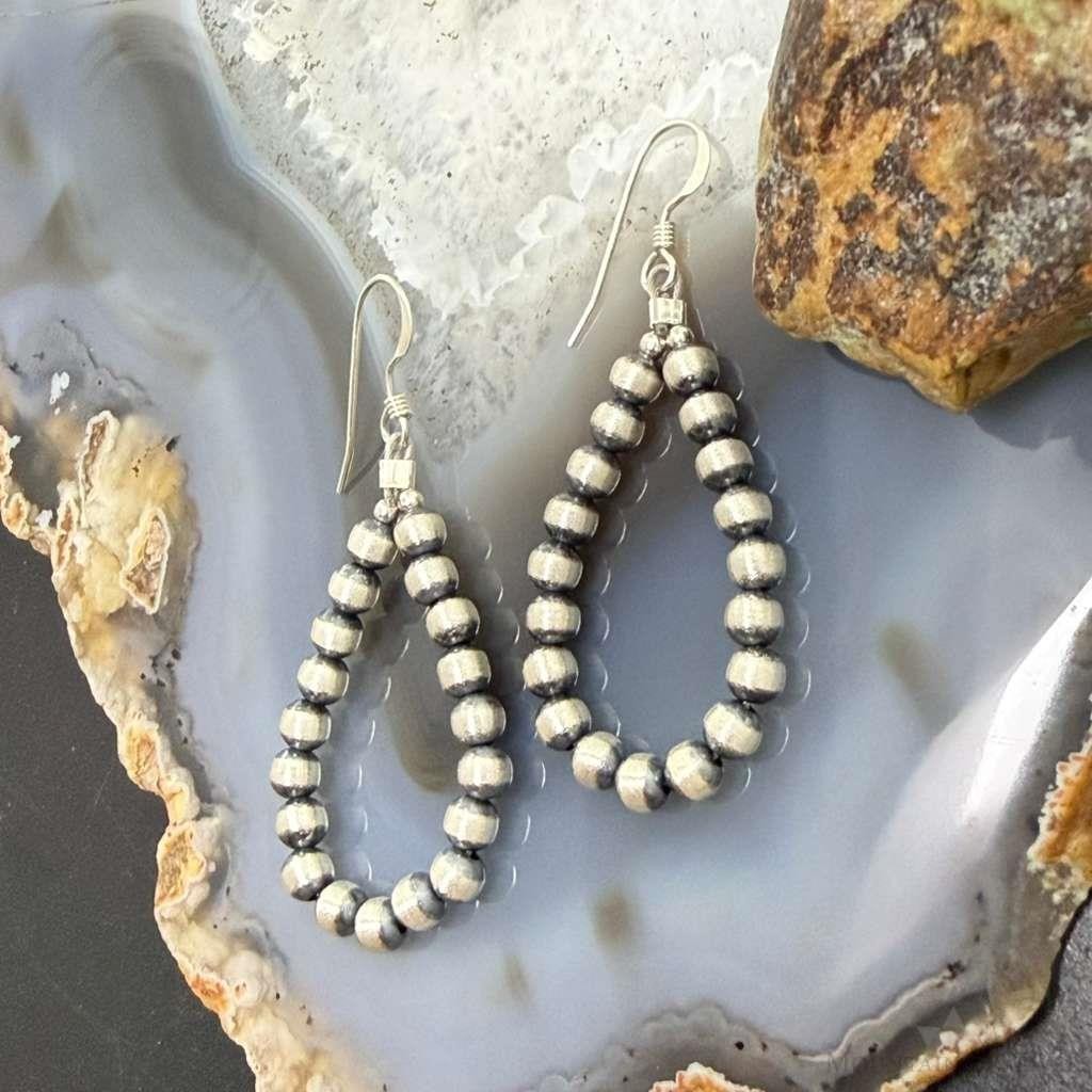 Sterling Silver Southwestern Style 4mm Navajo Pearl Bead Hoop Earrings For Women