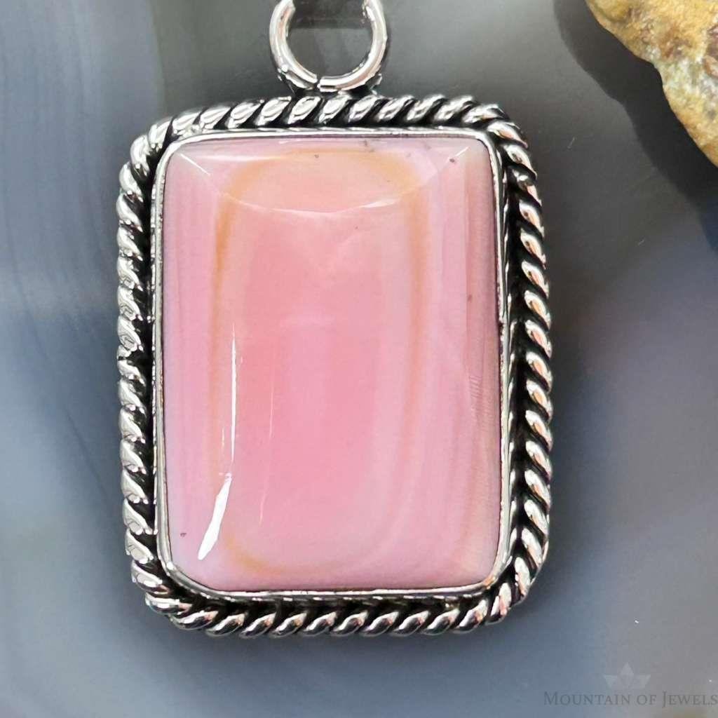 Native American Sterling Silver Rectangle Pink Conch Decorated Pendant For Women #1