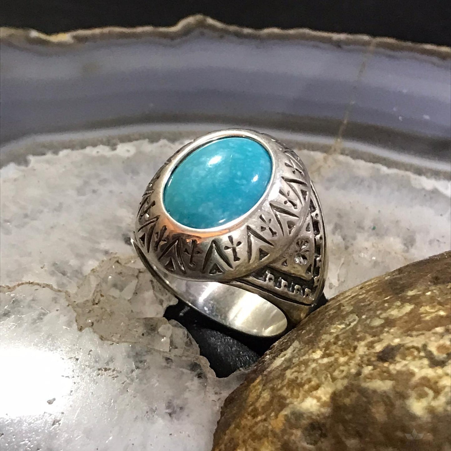 Carolyn Pollack Sterling  Silver Oval Turquoise Decorated Shield Ring Size 9.5 For Women