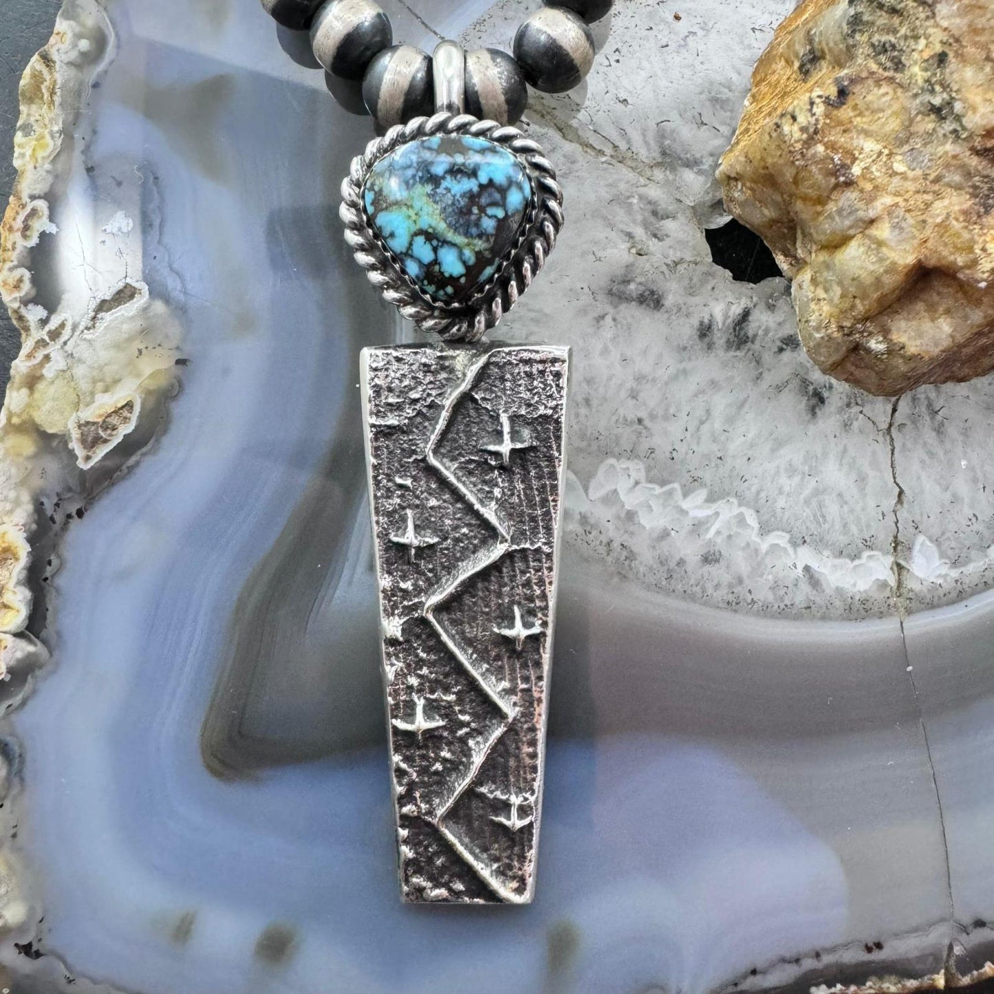 Cheyenne Custer Navajo Native American Sterling Silver & Turquoise Maiden Tufa Cast Unisex Pendant