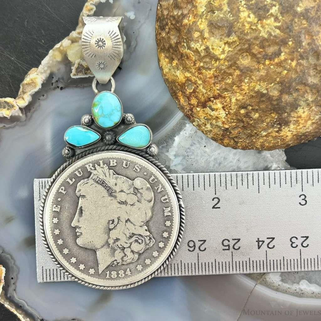 Genuine 1884 90% Morgan Silver Dollar Coin Golden Hill Turquoise Unisex Pendant