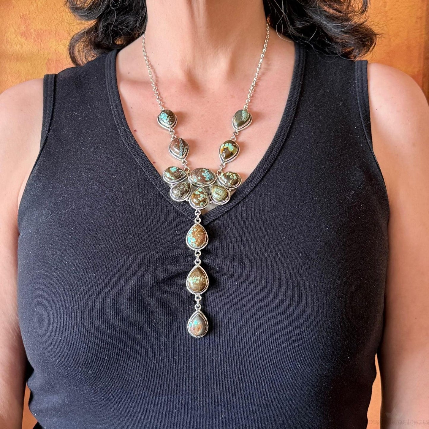 Sterling Silver Southwestern Style Turquoise #8 Cluster 30" Necklace For Women