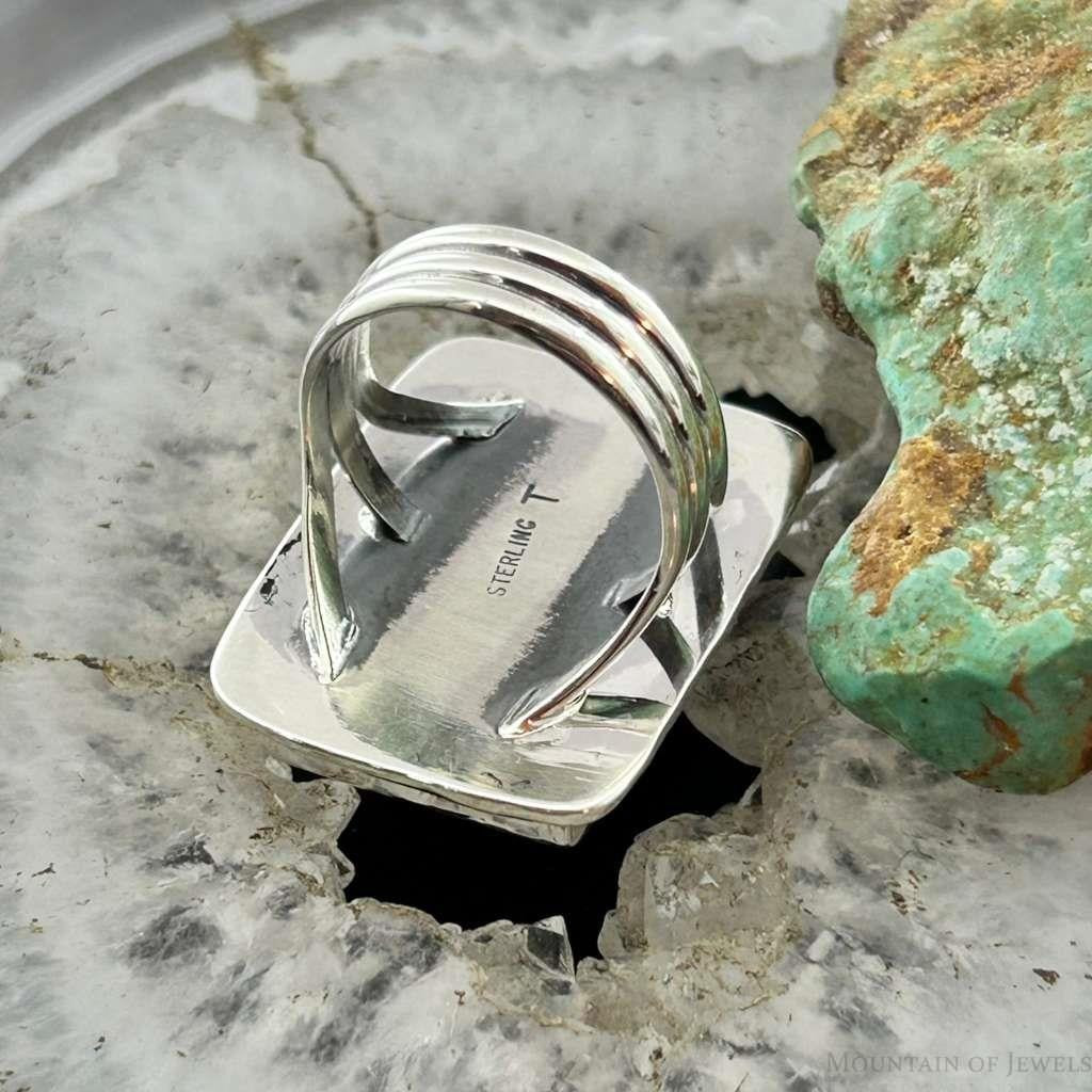 Native American Sterling Silver Rectangle Boulder Ribbon Turquoise Bar Ring Size 7.25 For Women