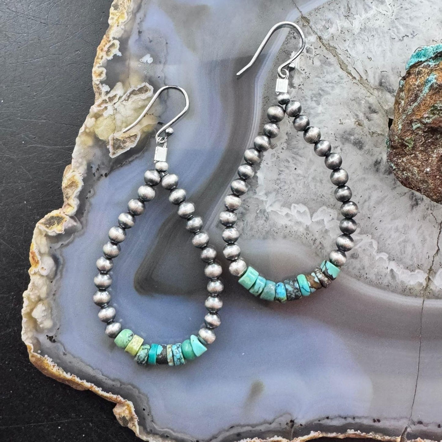 Sterling Silver Southwestern Style Navajo Pearl & Turquoise Bead Hoop Earrings For Women
