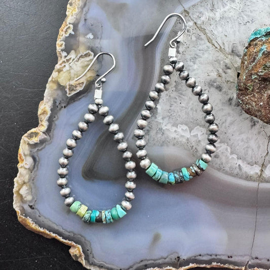 Sterling Silver Southwestern Style Navajo Pearl & Turquoise Bead Hoop Earrings For Women