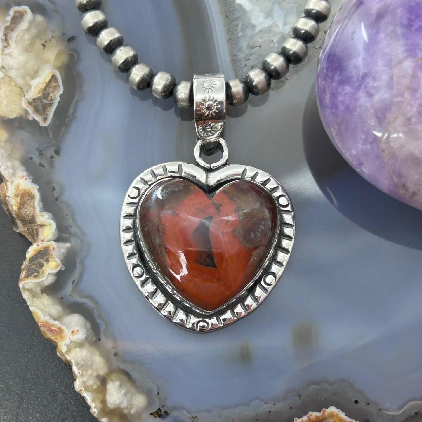 Sterling Silver Southwestern Style Seam Agate Heart Decorated Pendant For Women