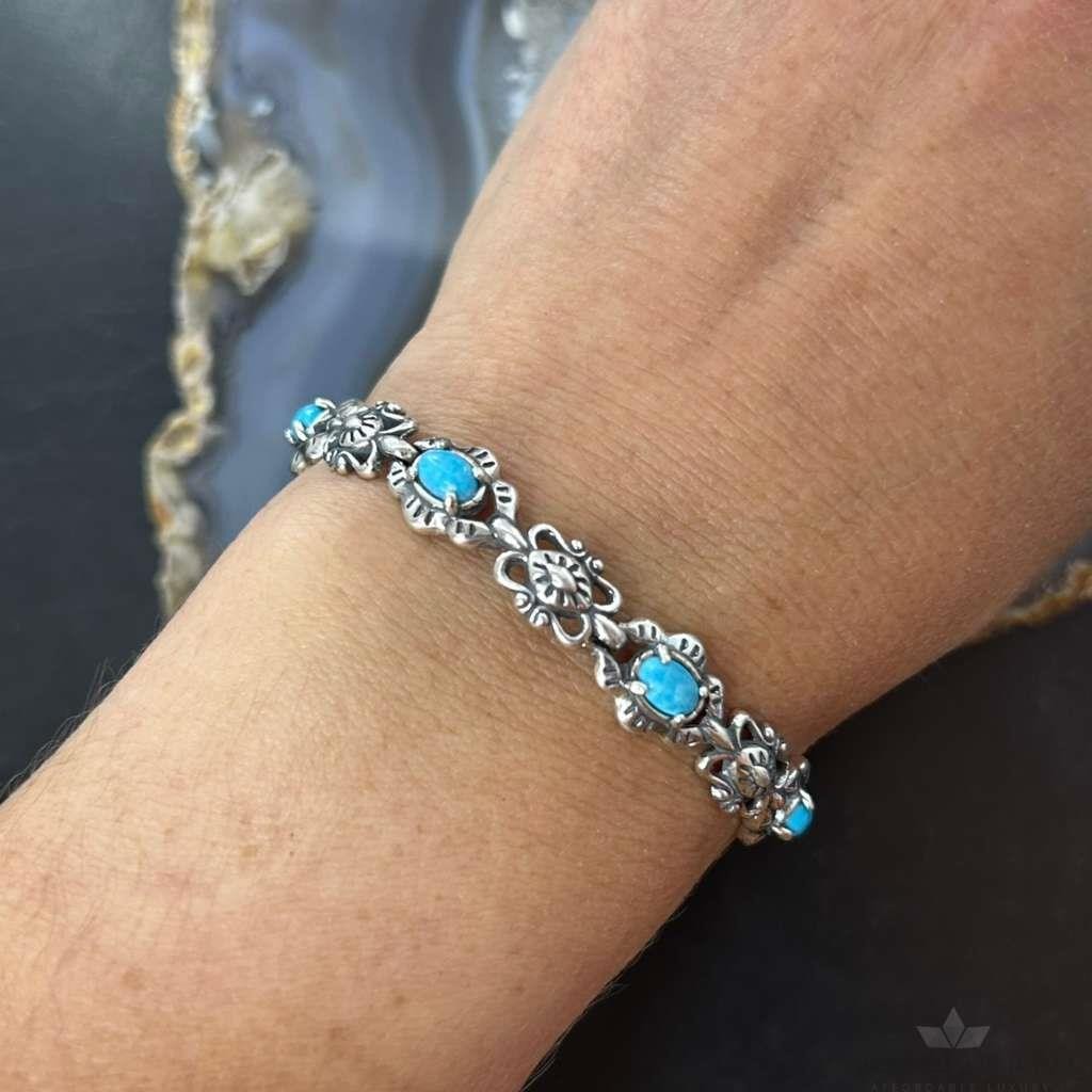 Carolyn Pollack Sterling Silver 6 Oval Turquoise Decorated Link Bracelet For Women