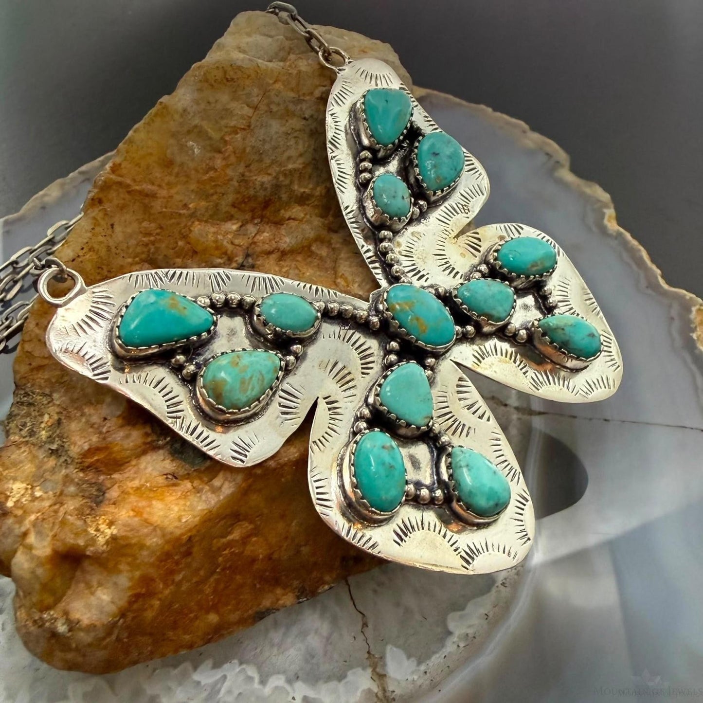Sterling  Silver Southwestern Style Kingman Turquoise Butterfly Pendant 20.5" Necklace For Women